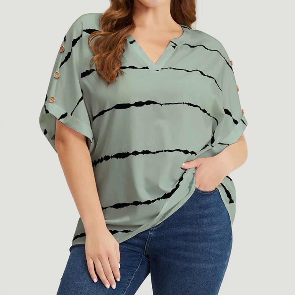 Bloomchic Tie Dye Notched Button Detail Roll Dolman Sleeve Striped Blouse